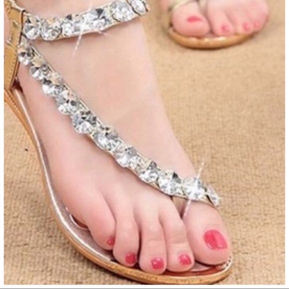 gold flat sandals with rhinestones